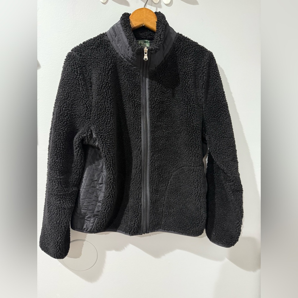 L-RL Ralph Lauren Active Womens Teddy Jacket‎ Medium Black Sherpa Fleece Zip